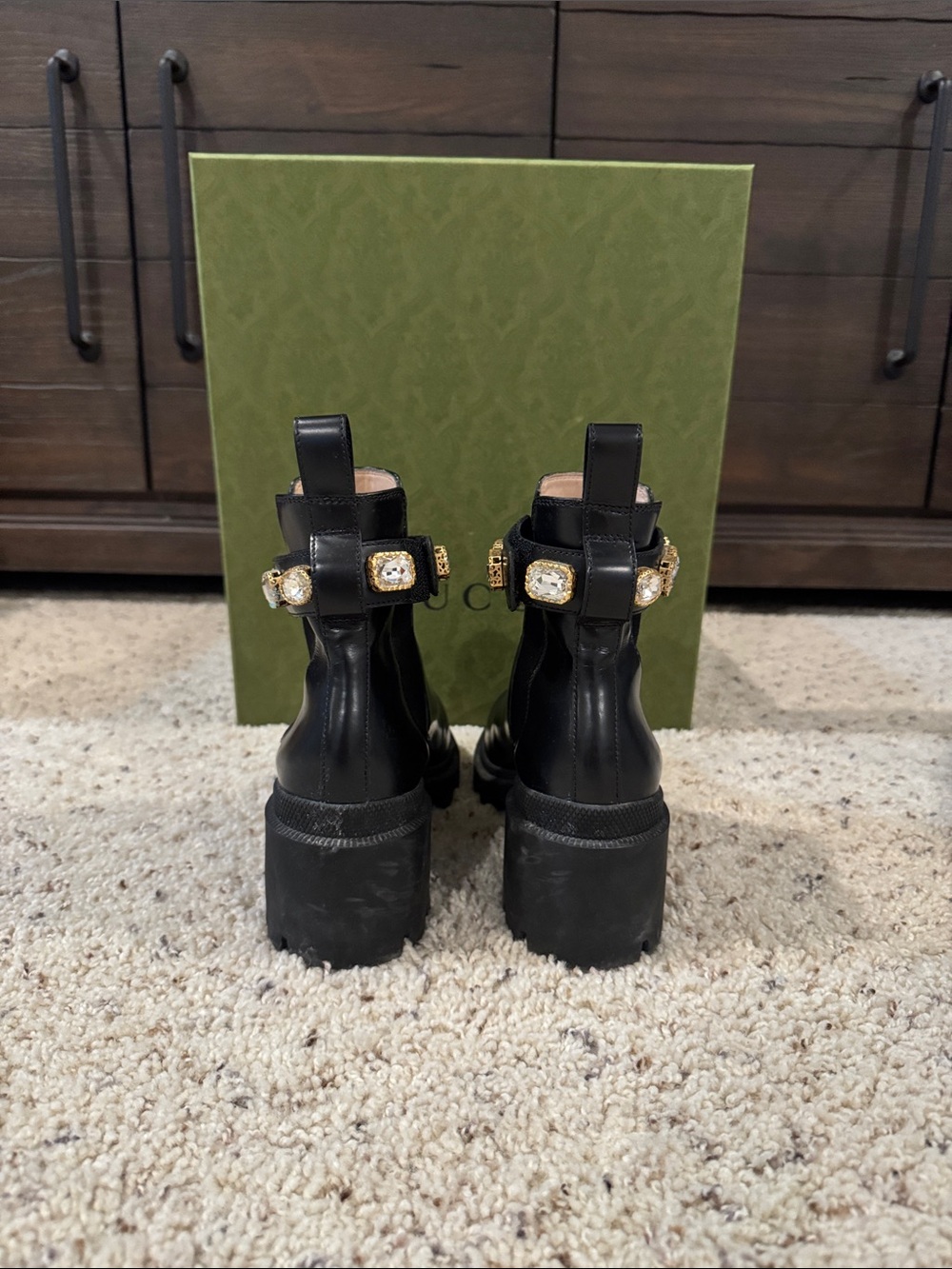 Gucci Black Leather Crystal-Trim Lug Sole Ankle Boots - Picture 4 of 4
